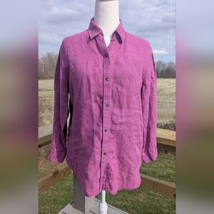 Lauren Ralph Lauren Linen Magenta Button-Down Shirt Large Monogram